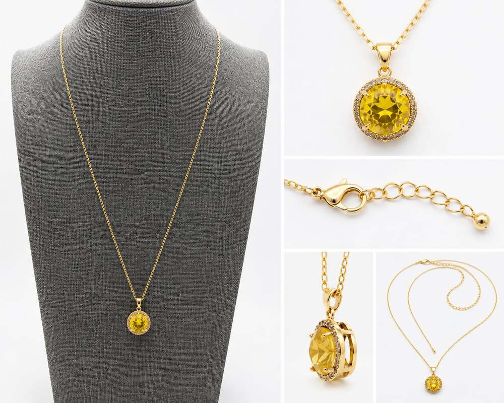Gold Tone Yellow Crystal Halo Pendant Necklace | Elegant Solitaire Statement Nec